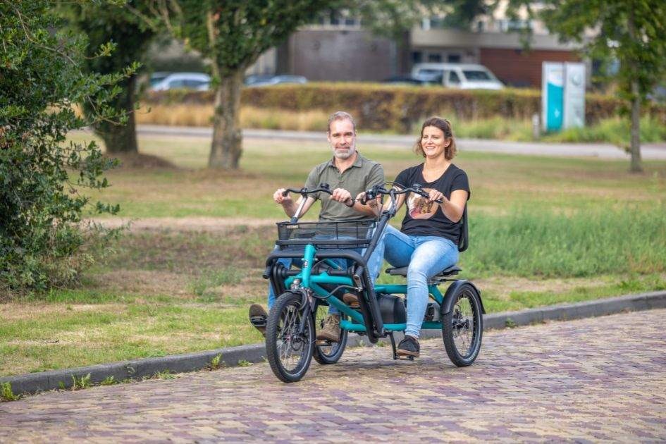 Cycling together on the Van Raam double seat bike Fun2Go