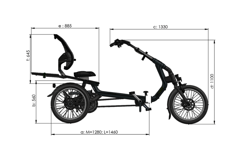 Maatvoering Van Raam Easy Rider voorkant deelbaar frame