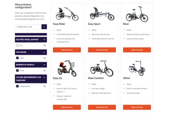 Van Raam bike configurator put together your bike overview