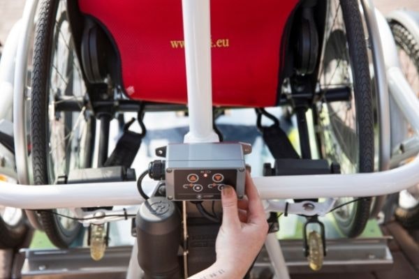 control panel of winch on veloplus wheelchair transport bike