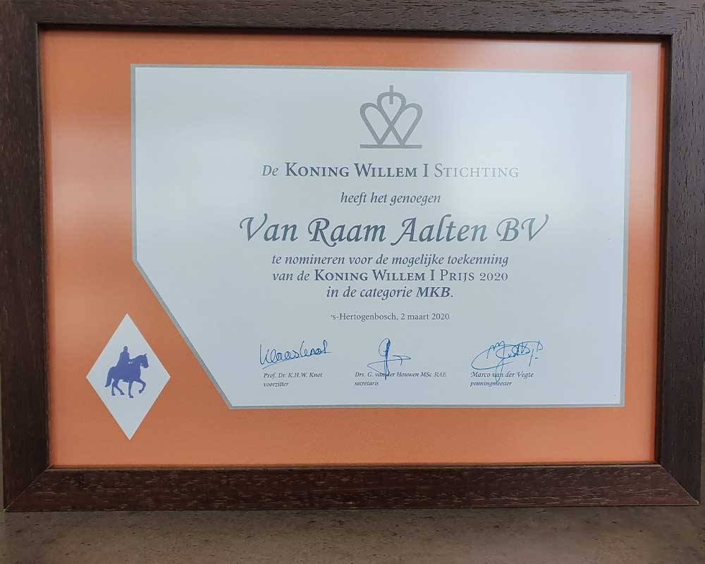 Nomination certificate Koning Willem 1 Award 2020 SME