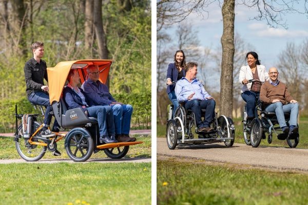 two persons tricycle wheelchair bike and Rickshaw bike Chat VeloPlus OPair Van Raam