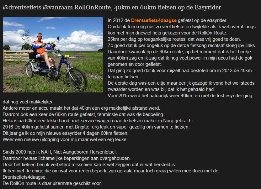 Met niet aangeboren hersenlestsel meedoen met fiets4daagse