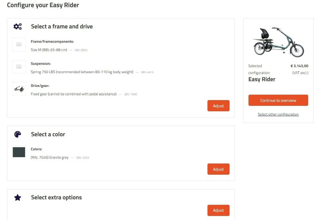 Configuring a bike in Van Raam webshop for dealer