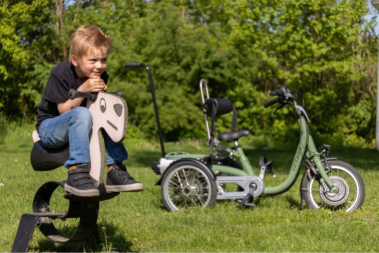 Van Raam Mini tricycle for special needs child reseda green and yellow orange