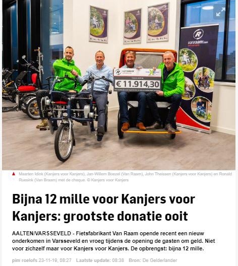 De Gelderlander Van Raam donates cheque to the Kanjers voor Kanjers Foundation