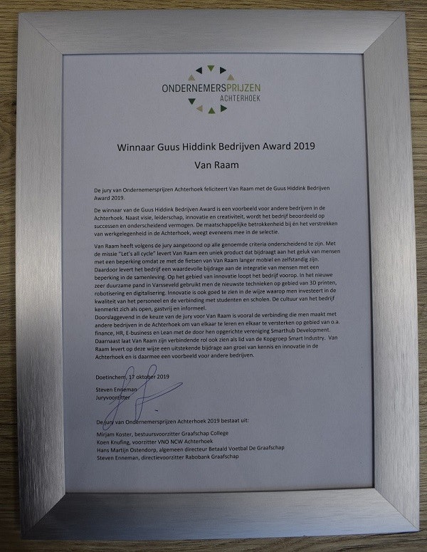 Oorkonde Van Raam Guus Hiddink bedrijven award 2019
