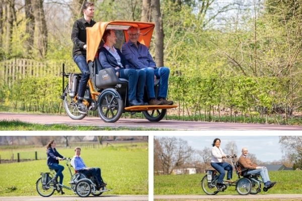 Tweezitsfiets Chat riksjafiets en rolstoelfietsen VeloPlus en OPair