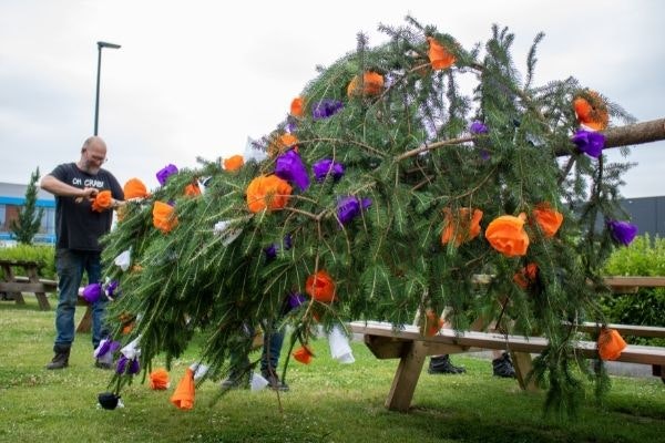 Versieren meiboom voor bij Van Raam nieuwbouw