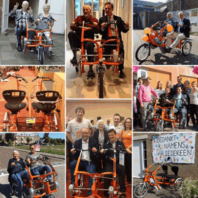 Des gens heureux après avoir reçu le vélo double de la Fondation Edwin van der Sar