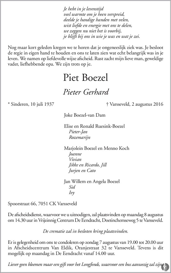 Rouwadvertentie Piet Boezel (Familie)