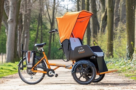 Chat rickshaw transport bike orange with canopy