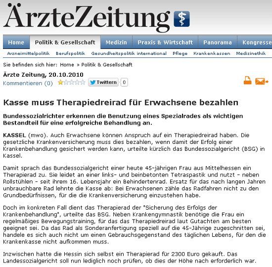 Kasse muss therapierad bezahlen