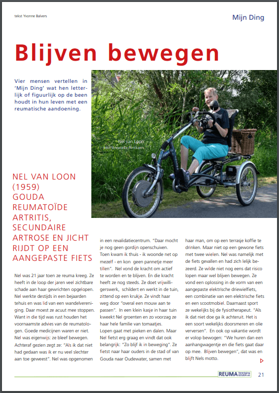 Fietsen met reuma op Van Raam driewielfiets in tijdschrift over Reuma