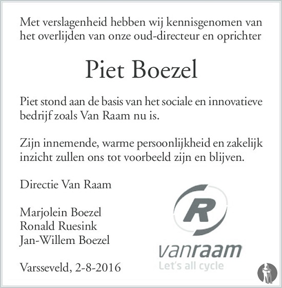 rouwadvertentie Piet Boezel (directie Van Raam)