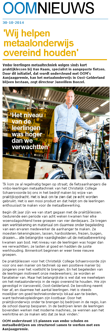 Artikel samenwerking Van Raam vmbo school