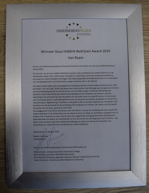 Oorkonde Van Raam Guus Hiddink Bedrijven Award 2019