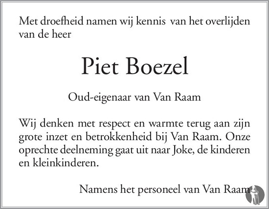 rouwadvertentie Piet Boezel (personeel Van Raam)