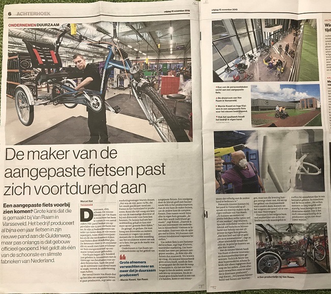 Fabrikant van aangepaste fietsen Van Raam in krant de Gelderlander